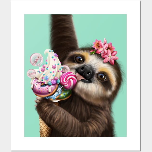 Sloth with ice cream Wall Art by SharPeiArt